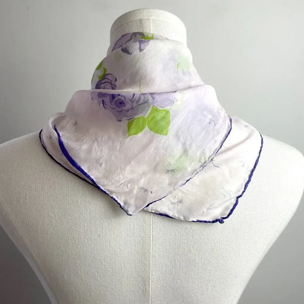 Vintage Silk Scarf Floral White Purple Romantic Feminine Parisian Euro Summer